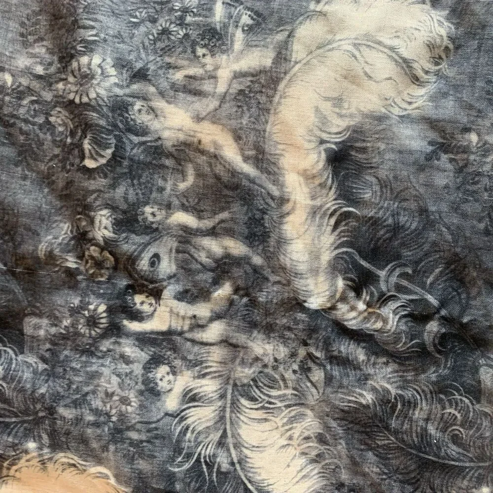 Maison Scotch Mythological Cherubs Scarf Wrap Black Beige Art Renaissance Sheer